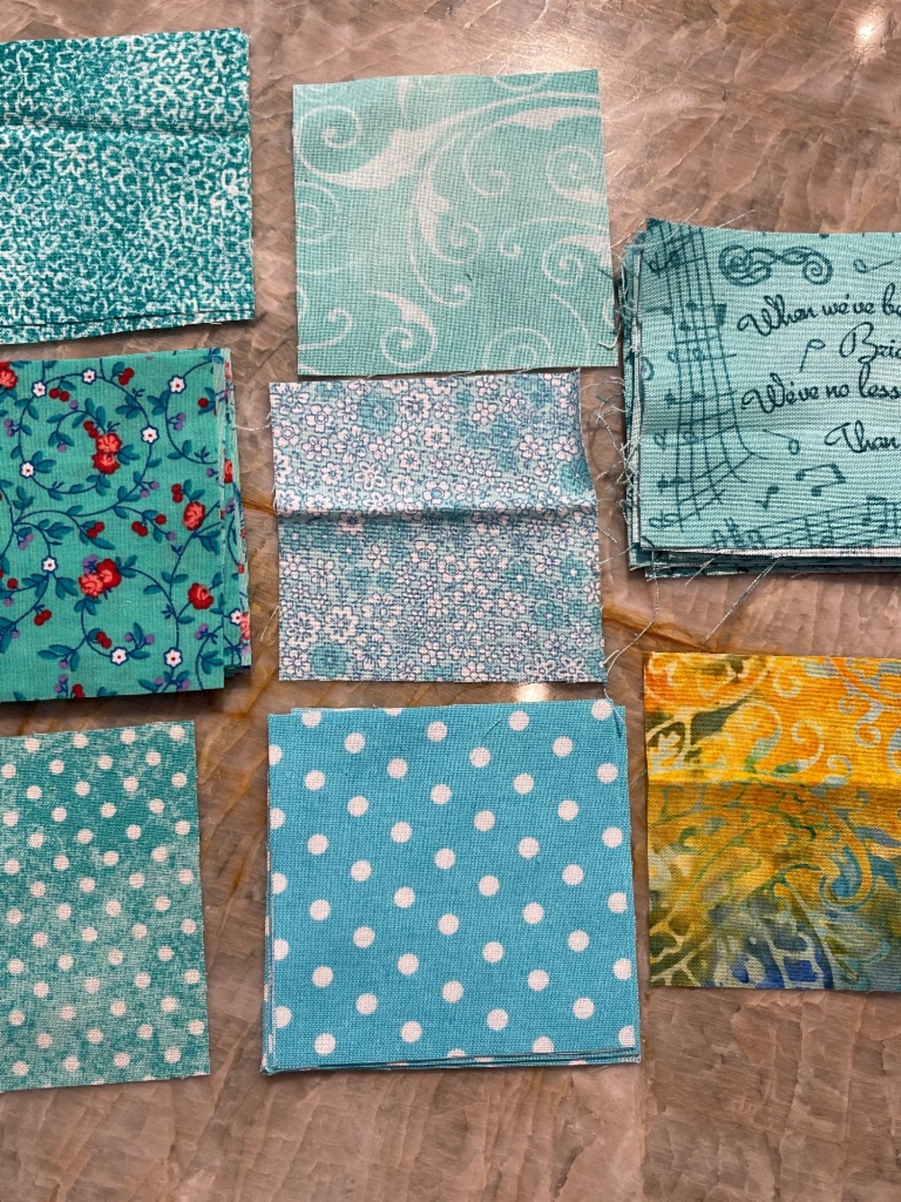 42 Precut 3" Quilt Squares Aqua Teal Floral Polka Dot Fabric Charm Pack